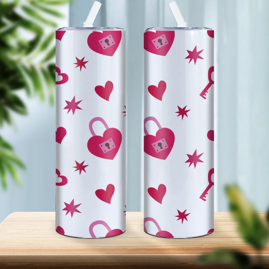 1Pc Party Valentine's Day Tumbler Straw Lid 20oz Hot Cold Insulated Water Bottle Print 3D Heart Lock & key Festive Gift For Wife